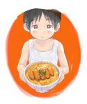  1boy black_hair blush bowl child commentary_request food highres holding holding_bowl holding_food incoming_food looking_at_viewer male_child male_focus nekoheso_2525 open_mouth original sketch solo tank_top upper_body white_background white_tank_top 