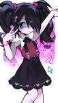  1girl absurdres ame-chan_(needy_girl_overdose) arm_up bandaid bandaid_on_leg black_hair black_ribbon black_skirt bracelet cat closed_mouth collar collared_shirt commentary_request cursor emoji grace_hosanna_marquez_carranco hair_ornament hair_over_one_eye hair_tie hairclip hand_up heart heart_hair_ornament highres jewelry long_hair looking_at_viewer multicolored_nails nail_polish neck_ribbon needy_girl_overdose pleading_face_emoji purple_eyes red_shirt ribbon shaded_face shirt shirt_tucked_in skirt solo standing star_(symbol) suspender_skirt suspenders twintails v white_collar x_hair_ornament 