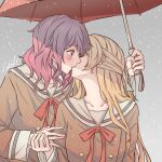  2girls aiiro_bokujuu bang_dream! blonde_hair brown_shirt closed_eyes hand_grab highres holding holding_umbrella kiss long_hair long_sleeves looking_at_another maruyama_aya multiple_girls neck_ribbon pink_hair purple_eyes red_ribbon red_umbrella ribbon sailor_collar school_uniform shared_umbrella shirasagi_chisato shirt umbrella white_sailor_collar yuri 