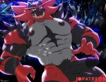  anthro balls big_fangs big_penis black_body black_fur black_stripes cave crystal erection fangs fur generation_7_pokemon genitals green_eyes grey_body grey_fur hi_res humanoid_genitalia humanoid_penis incineroar male muscular muscular_anthro muscular_male nekogaki0324 nintendo nipples penis pokemon pokemon_(species) pubes red_body red_fur solo stripes teeth vein yellow_sclera 