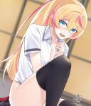  1girl akira_miku_ver between_legs black_thighhighs blonde_hair blue_eyes blurry blurry_background bottomless collarbone collared_shirt commission dress_shirt hand_between_legs highres long_hair looking_at_viewer multicolored_hair naked_shirt open_clothes open_mouth open_shirt original pink_hair ponytail shirt sitting skeb_commission solo star-shaped_pupils star_(symbol) streaked_hair symbol-shaped_pupils thighhighs two-tone_hair very_long_hair white_shirt wing_collar 