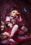  1girl beads blonde_hair blood blood_on_clothes blood_on_leg book book_stack coin flandre_day flandre_scarlet highres looking_at_viewer medium_hair open_book red_eyes red_footwear shee_take slippers stuffed_animal stuffed_toy teddy_bear touhou wall 