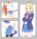  3girls bangs_pinned_back black_thighhighs blonde_hair blue_buruma blue_cardigan blue_sailor_collar blue_skirt buruma cardigan clothes_lift cowboy_shot crossed_arms e_(eokiba) flip_flappers gym_uniform head_out_of_frame highres kokomine_cocona lifted_by_self long_hair medium_hair multiple_girls name_tag neckerchief open_cardigan open_clothes papika_(flip_flappers) pleated_skirt purple_eyes red_hair red_neckerchief sailor_collar school_uniform serafuku shirt shirt_lift short_hair short_sleeves skirt tail thighhighs very_long_hair white_shirt yayaka 