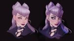  1girl asymmetrical_bangs black_background black_choker blush business_suit choker close-up cone_hair_bun demon demon_girl earrings evelynn_(league_of_legends) eyeshadow hair_bun highres hisser hoop_earrings jewelry k/da_(league_of_legends) k/da_all_out_evelynn league_of_legends long_hair looking_at_viewer makeup necklace purple_eyeshadow purple_lips slit_pupils smile solo suit the_baddest_evelynn tooth_necklace yellow_eyes 