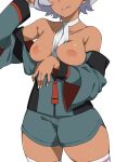  1girl asticassia_school_uniform bare_shoulders between_breasts blue_jacket blue_shorts breasts breasts_out clothes_between_breasts dark-skinned_female dark_skin grey_hair grin gundam gundam_suisei_no_majo head_out_of_frame highres jacket medium_breasts morisobo nipples school_uniform secelia_dote short_hair shorts simple_background smile solo standing sweat teeth thighhighs thighs white_background white_nails 