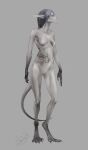  2016 akrolayn ambiguous_species anthro black_claws breasts brown_feet brown_hands claws digitigrade featureless_breasts featureless_crotch feet female full-length_portrait grey_background grey_body grey_skin hi_res humanoid_hands looking_aside nude portrait scalie simple_background small_breasts solo standing tattoo three-quarter_view 