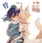  !? 2girls animal_ear_fluff animal_ears blonde_hair blue_dress blue_hair blue_headwear blush bottle closed_eyes dark_blue_hair dress drunk fang fox_ears fox_tail green_ribbon hair_between_eyes hat heart highres holding holding_bottle iizunamaru_megumu kudamaki_tsukasa long_hair multiple_girls open_mouth red_eyes ribbon romper sekisei_(superego51) short_hair short_sleeves simple_background smile tail tokin_hat touhou white_background white_romper yuri 