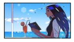  1girl black_hair blue_eyes blue_sky closed_mouth dark-skinned_female dark_skin drink drinking_straw eyelashes food fruit geeta_(pokemon) highres holding holding_menu long_hair lvetica menu multicolored_hair ocean orange_(fruit) orange_slice pokemon pokemon_(game) pokemon_sv profile sky sleeveless sleeveless_turtleneck solo sun_glare turtleneck water 