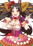  +_+ 1girl :d animal_ears black_hair blush breasts brown_eyes cleavage dress drill_hair drill_sidelocks fang hair_ornament hand_on_own_chest highres horse_ears horse_girl horse_tail index_finger_raised large_breasts long_hair looking_at_viewer marvelous_sunday_(umamusume) miya_star_saa puffy_short_sleeves puffy_sleeves saddle_hair_ornament short_sleeves sidelocks simple_background smile solo tail twintails umamusume upper_body white_background 