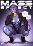  1girl abs alien asari blue_eyes blue_skin breasts choker cleavage colored_skin english_text hand_on_own_face highres jewelry large_breasts leotard long_sleeves mass_effect_(series) muscular muscular_female necklace open_clothes phoebus_art purple_lips samara_(mass_effect) shoes sneakers solo squatting sweat 