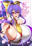  1girl 2023 antenna_hair backless_outfit bare_shoulders blazblue blue_hair blush bow breasts character_name ha88hama hair_bow halterneck happy_birthday highres large_breasts long_hair mai_natsume petals pink_eyes sideboob sidelocks solo teeth upper_teeth_only very_long_hair yellow_bow 