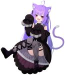  1girl absurdres ahoge animal_ear_fluff animal_ears asymmetrical_legwear black_dress black_footwear black_ribbon blunt_bangs blush boots cat_ears cat_girl cat_tail collar commentary_request cowlick dress fangs frilled_dress frills full_body gothic_lolita grey_collar grey_thighhighs hair_ribbon highres kemonomimi_mode leg_ribbon lolita_fashion long_hair looking_at_viewer medium_bangs mismatched_legwear multicolored_hair nanashi_inc. no_headwear off-shoulder_dress off_shoulder official_alternate_costume open_mouth purple_hair red_eyes ribbon shisui_kiki shisui_kiki_(2nd_costume) simple_background sleeve_bow sleeves_past_fingers sleeves_past_wrists smile solo streaked_hair striped striped_thighhighs tail thighhighs two-tone_hair vertical-striped_thighhighs vertical_stripes very_long_hair virtual_youtuber white_background white_hair yamapiyo 