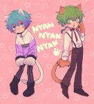  2boys :d alternate_costume animal_ears animal_hands ankle_boots annoyed aqua_eyes aqua_hair arm_at_side black_footwear blush boots brown_footwear brown_pants cat_boy cat_ears cat_tail collared_shirt dress_shirt green_hair hair_between_eyes hand_up heart heart_background hiyori_sou jacket kimi_ga_shine legs_apart long_sleeves looking_at_another looking_at_viewer low_ponytail male_focus midori_(kimi_ga_shine) multiple_boys neck_ribbon nyan oxfords pants pigeon-toed pink_background pink_jacket red_ribbon ribbon shirt short_hair simple_background sleeve_cuffs smile spiked_hair standing striped striped_pants suspenders tail uououoon vertical-striped_pants vertical_stripes white_shirt zipper 