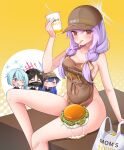  4girls apron atsuko_(blue_archive) bare_arms bare_shoulders baseball_cap black_hair blue_archive blue_hair braid breasts burger chibi cleavage commentary_request cup disposable_cup food grey_apron grey_headwear hand_up hat highres hiyori_(blue_archive) holding holding_cup long_hair mask misaki_(blue_archive) mouth_mask multiple_girls purple_hair red_eyes rustysalmon saori_(blue_archive) twin_braids yellow_background 