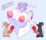  &lt;3 ahoge anthro areola balls big_balls big_breasts big_penis black_body blue_hair blush bodily_fluids breasts english_text erection female flora_(haiyan) genital_fluids genitals group hair haiyan hi_res huge_breasts huge_penis huge_thighs hyper hyper_breasts larger_female male mammal mouse murid murine nipples open_mouth penis pink_areola pink_nipples precum pupils purple_eyes rodent size_difference smaller_male tan_body text thick_thighs trio white_body white_pupils 