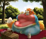  2019 anthro big_breasts big_tail biglovealicia black_claws breasts canid canine carpet claws clothed clothing deep_navel dessert detailed detailed_background doughnut ears_back eating eating_food female finger_claws food fox fox_tail full-length_portrait fully_clothed fur grass hair holding_food holding_object huge_belly huge_breasts huge_thighs light lighting mammal morbidly_obese morbidly_obese_female multicolored_body multicolored_fur navel neck_tuft obese obese_female orange_body orange_eyes orange_fur orange_hair overweight overweight_female park pawpads picknick pink_pawpads pivoted_ears plant portrait shaded signature sitting sitting_on_ground solo solo_focus tail thick_thighs toe_claws tree tuft tufted_ears white_body white_fur wide_hips 