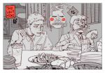  2boys blazer bowl burp chopsticks eating ekubo_(mob_psycho_100) food food_in_mouth ghost greyscale highres holding holding_bowl holding_chopsticks indoors jacket looking_at_another male_focus mob_psycho_100 monochrome multiple_boys necktie noodles plate plate_stack reigen_arataka serizawa_katsuya shirt spirit table thatuglymeme upper_body 