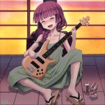  1girl alcohol_carton artist_name black_bow black_nails blunt_bangs blunt_ends bocchi_the_rock! bow braid braided_ponytail breasts closed_eyes collarbone commentary_request dress electric_guitar full_body geta green_dress guitar hair_bow highres hiroi_kikuri holding holding_instrument instrument knee_up nail_polish on_ground open_mouth outdoors purple_hair sandals sharp_teeth sidelocks signature sitting sleeveless sleeveless_dress small_breasts solo strap_slip teeth telaform toenail_polish toenails 