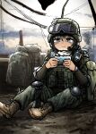  1girl absurdres backpack bag blue_eyes body_armor boots cellphone combat_boots combat_helmet goggles goggles_on_head helmet highres holding holding_phone military on_ground original phone playing_games radio sitting tactical_clothes watch yihan_world 