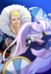  1boy blonde_hair blue_background buzz_cut charlotte_daifuku earrings facial_hair fur_collar genie highres jewelry male_focus mature_male menue_mn muscular muscular_male one_piece pencil_mustache short_hair shoulder_pads solo turban very_short_hair 