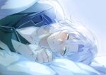  1boy black_pajamas black_shirt blanket blue_background blush eight_immortals_(the_tale_of_food) green_eyes highres lingcat long_sleeves looking_at_viewer lying male_focus medium_hair on_bed on_side pajamas parted_lips pillow shirt solo the_tale_of_food under_covers white_hair 