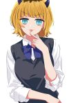  1girl :3 black_sweater_vest blonde_hair blue_bow blue_bowtie blue_eyes bow bowtie breasts collared_shirt commentary demon_horns dress_shirt finger_to_own_chin highres horns kusana_(kusana47454281) large_breasts looking_at_viewer memcho no_pupils open_mouth oshi_no_ko shirt short_hair sidelocks simple_background solo sweater_vest upper_body white_background white_shirt 