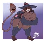  1_eye 2023 ambiguous_gender anthro big_breasts big_butt blush blush_lines breasts brown_body brown_fur brown_hair butt cleavage clothed clothing duo fangs female fur grey_body grey_fur hair hat headgear headwear hi_res huge_breasts huge_butt huge_thighs hyper hyper_breasts hyper_thighs lagomorph leporid living_tail lunarspy mammal multicolored_body multicolored_fur narrowed_eyes open_mouth rabbit red_eyes signature smile standing tail teeth text thick_thighs topwear unknown_character unknown_species unusual_anatomy unusual_tail watermark witch_hat yellow_sclera 
