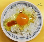  absurdres bowl dated egg_(food) egg_yolk food food_focus highres no_humans original photorealistic raw_egg realistic rice shadow signature tainosuke tamagokake_gohan yellow_background 