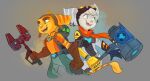  anthro clank_(ratchet_and_clank) clothed clothing duo female gloves hammer handwear hi_res holding_object holding_weapon lombax male mammal mechanical_arm open_mouth open_smile ratchet ratchet_and_clank rivet_(ratchet_and_clank) simple_background smile sony_corporation sony_interactive_entertainment tongue tools waackery weapon 