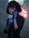  1girl absurdres black_hair black_shirt blood blood_on_arm blood_on_face blue_gloves blurry blurry_background brown_eyes collared_shirt commentary english_commentary gloves highres original rubber_gloves sartg shirt short_hair sideways_glance sleeves_rolled_up solo upper_body 