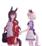  2girls admire_vega_(umamusume) animal_ears bag blush bow bowtie breasts brown_eyes brown_hair clothes_grab curren_chan_(umamusume) duffel_bag ear_bow eye_contact grey_hair high_collar highres horse_ears horse_girl horse_tail jacket long_hair long_sleeves looking_at_another low_ponytail multiple_girls open_clothes open_jacket open_mouth purple_shirt red_shorts rio_(rio_067) sailor_collar school_uniform shirt short_hair short_sleeves shorts shoulder_bag skirt sleeve_grab small_breasts standing tail thighhighs tracen_school_uniform track_jacket twitter_username umamusume white_background white_skirt white_thighhighs 