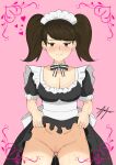  absurdres borrowed_design breasts brown_eyes brown_hair choker flashing frills highres kawakami_sadayo large_breasts maid maid_headdress neck_ribbon non-web_source persona persona_5 pink_background puffy_nipples pussy pussy_juice ribbon seductive_smile self-upload signature simple_background smile sweat turnip_toss twintails uncensored 