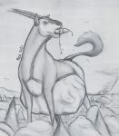  2021 abdominal_bulge ambiguous_gender antelope belly big_belly bovid castle feral feral_pred forest greyscale looking_down macro mammal monochrome object_vore plant swallowing thatgryphonguy traditional_media_(artwork) tree vore 