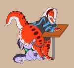  2018 anthro big_butt bottomless bottomless_anthro bottomless_female butt chain chained claws clothed clothing dinosaur duo eyes_closed facesitting fangs female fur furniture male raised_tail reptile scales scalie shenzel shirt sitting_on_another table tail teeth theropod thick_thighs toe_claws topwear trinity_(shenzel) tyrannosaurid tyrannosaurus tyrannosaurus_rex wide_hips 