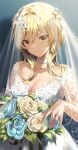  1girl bangs blonde_hair blush bouquet breasts bridal_veil cleavage closed_mouth dress flower genshin_impact hair_flower hair_ornament highres jewelry large_breasts long_sleeves looking_at_viewer lumine_(genshin_impact) ring see-through silence_girl simple_background smile solo veil wedding_dress wedding_ring white_dress yellow_eyes 