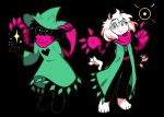  2boys animal_ears black_background black_fur black_heart black_leggings deltarune discommunicator furry furry_male glasses goat_boy goat_ears goat_horns green_headwear green_tunic heart horns leggings multiple_boys pink_eyes pink_horns pink_scarf ralsei scarf simple_background smile tunic white_fur 