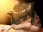  arknights bird_girl brown_background coat crossed_arms feather_hair gift glasses gradient_background happy_birthday monn_itsu note owl_ears owl_girl semi-rimless_eyewear silence_(arknights) sleeping table translation_request under-rim_eyewear white_coat yellow_background 