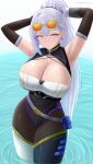  1girl absurdres archstreal armpits arms_behind_head arms_up bare_shoulders black_gloves black_leotard blue_eyes breasts cleavage gloves grey_hair highleg highleg_leotard highres holding large_breasts leotard looking_at_viewer mole mole_under_eye original ponytail solo thighs wading water wet 
