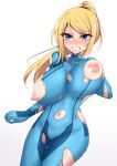  1girl absurdres blonde_hair blue_eyes blush bodysuit breasts clenched_teeth cowboy_shot embarrassed highres huge_breasts metroid mistynight mole mole_under_mouth navel nipples nose_blush ponytail samus_aran solo teeth torn_bodysuit torn_clothes unaligned_breasts white_background zero_suit 