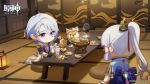  1boy 1girl armor black_gloves blue_bow blue_hair blurry blurry_foreground bow bowl brother_and_sister bubble_tea chibi chopsticks closed_mouth commentary_request copyright_name cup cushion dango depth_of_field dog drink drinking_straw facing_away folding_screen food genshin_impact gloves gold_trim hair_between_eyes hair_ornament hair_ribbon hand_up high_ponytail highres hotpot indoors jacket japanese_armor japanese_clothes kamisato_ayaka kamisato_ayato kimono lantern lapels light_particles long_hair long_sleeves looking_at_another mole mole_under_mouth mushroom official_art omelet open_clothes open_jacket parted_bangs pink_ribbon plate ponytail purple_eyes red_ribbon ribbon rope sanshoku_dango shadow shiba_inu short_hair shoulder_armor shrimp siblings sitting skewer smile sode split_mouth standing steam swept_bangs table tamagoyaki taroumaru_(genshin_impact) tassel tatami tri-flavored_skewer_(genshin_impact) vambraces vision_(genshin_impact) wagashi watermark waving white_bow white_jacket wide_sleeves zabuton 