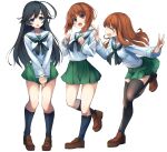  3girls absurdres ahoge black_hair blunt_bangs brown_eyes brown_hair girls_und_panzer highres isuzu_hana long_hair long_sleeves multiple_girls nishizumi_miho ooarai_school_uniform open_mouth orange_hair pleated_skirt sattinittas school_uniform serafuku shirt short_hair simple_background skirt smile standing takebe_saori thighhighs white_background 