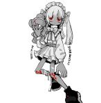  1girl bandaged_leg bandages bandaid bandaid_on_knee bandaid_on_leg belt belt_buckle bow bowtie buckle dress foot_out_of_frame frilled_dress frills greyscale hair_ribbon hand_up heart heart-shaped_buckle highres holding holding_stuffed_toy long_bangs long_hair long_sleeves looking_at_viewer maid_headdress monochrome original oshio_(shioqqq) red_eyes ribbon shoes short_dress simple_background sneakers solo spot_color standing straight_hair stuffed_animal stuffed_toy teddy_bear translation_request two_side_up white_background 
