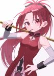  bare_shoulders detached_sleeves dress food_in_mouth hand_on_own_hip highres long_hair magical_girl mahou_shoujo_madoka_magica parted_bangs pocky_in_mouth ponytail red_dress red_eyes red_hair sakura_kyouko shimizu_tomoki simple_background soul_gem white_background 