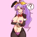  ? animal_ears black_pantyhose breasts cleavage commentary_request cowboy_shot eaglov hair_ribbon heart_pasties large_breasts long_hair meme_attire pantyhose pasties pink_background pixel_art playboy_bunny ponytail purple_hair rabbit_ears reverse_bunnysuit reverse_outfit ribbon sidelocks simple_background spoken_question_mark touhou variant_set watatsuki_no_yorihime wrist_cuffs yellow_ribbon 