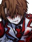  1boy armor blood blood_on_clothes brown_hair collared_shirt commentary_request drooling employee_(lobotomy_corporation) jacket lobotomy_corporation male_focus necktie project_moon red_eyes red_necktie saliva shirt short_hair shot_(urem) shoulder_armor simple_background sketch solo white_background white_jacket white_shirt 