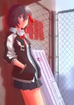  1girl absurdres against_wall black_hair black_jacket blue_eyes blue_skirt blurry blurry_background bob_cut bow bowtie breasts case chain-link_fence closed_mouth commentary copyright_name dress_shirt expressionless fence hair_between_eyes hands_in_pockets heart highres jacket kill_la_kill kya_(kyamonhara) leaning_back letterman_jacket long_sleeves looking_at_viewer matoi_ryuuko multicolored_clothes multicolored_hair multicolored_jacket open_clothes open_jacket outdoors overcast painttool_sai_(medium) pleated_skirt raglan_sleeves red_bow red_bowtie red_hair school_uniform shadow shirt short_hair skirt sky skyline small_breasts solo standing star-shaped_pupils star_(symbol) stone_wall streaked_hair symbol-shaped_pupils translated two-tone_jacket wall weapon_case white_jacket white_shirt 