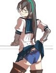  1girl ass black_hair blue_panties blue_sailor_collar blue_skirt clothes_lift from_behind glasses green_eyes green_hairband hairband kantai_collection lifted_by_self long_hair looking_at_viewer looking_back megakura_kinshi ooyodo_(kancolle) panties sailor_collar skirt skirt_lift solo underwear 
