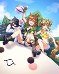  3girls agnes_tachyon_(lunatic_lab)_(umamusume) agnes_tachyon_(umamusume) ahoge animal_ears bare_shoulders bikini black_bikini black_footwear black_hair blue_shorts boots breasts brown_gloves brown_hair cleavage cloud cutoffs day eyewear_on_head flask gloves hat hat_around_neck high_heel_boots high_heels highres holding holding_flask horse_ears horse_girl horse_tail jacket jewelry jungle_pocket_(tobasuze_hot_summer!)_(umamusume) jungle_pocket_(umamusume) long_hair manhattan_cafe_(tobasuze_hot_summer!)_(umamusume) multiple_girls navel nayuta_ggg necklace notched_ear on_one_knee open_mouth outdoors red_eyes round-bottom_flask short_hair short_ponytail short_sleeves shorts single_glove sitting small_breasts smile sun_hat sunglasses swimsuit tail tied_jacket toeless_footwear umamusume v-shaped_eyebrows white_headwear white_jacket yellow_bikini yellow_eyes 