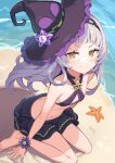  1girl beach bikini black_bikini black_hairband black_headwear breasts brown_eyes closed_mouth commentary_request hairband hat highres hololive long_hair looking_at_viewer murasaki_shion sand small_breasts smile solo swimsuit tam-u virtual_youtuber witch_hat yellow_eyes 