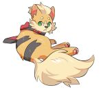  2023 4_toes aishasoup black_body black_fur black_nose facial_tuft feet feral fur generation_1_pokemon green_eyes growlithe hi_res inner_ear_fluff looking_at_viewer looking_back lying male nintendo nose_tuft on_side orange_body orange_fur pawpads paws pokemon pokemon_(species) scarf simple_background solo tan_body tan_fur tanashi toes tuft white_background 